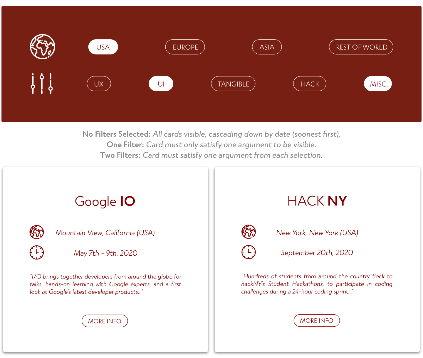 Event filter interface with categories like USA, Europe, Asia, UX, UI, Hack, and Misc. Each card includes location, date, description, and a More Info button.